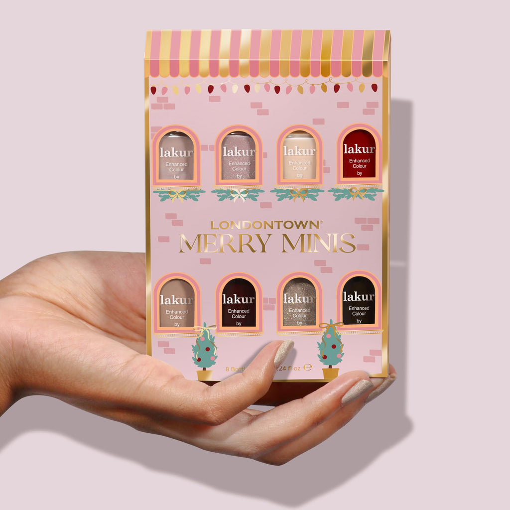 LONDONTOWN Merry Minis Gift Set – 8 Mini Nail Polishes with Gel-Like Shine, Long Wear & kur Care, Vegan Holiday Manicure Kit for Gifting & Travel