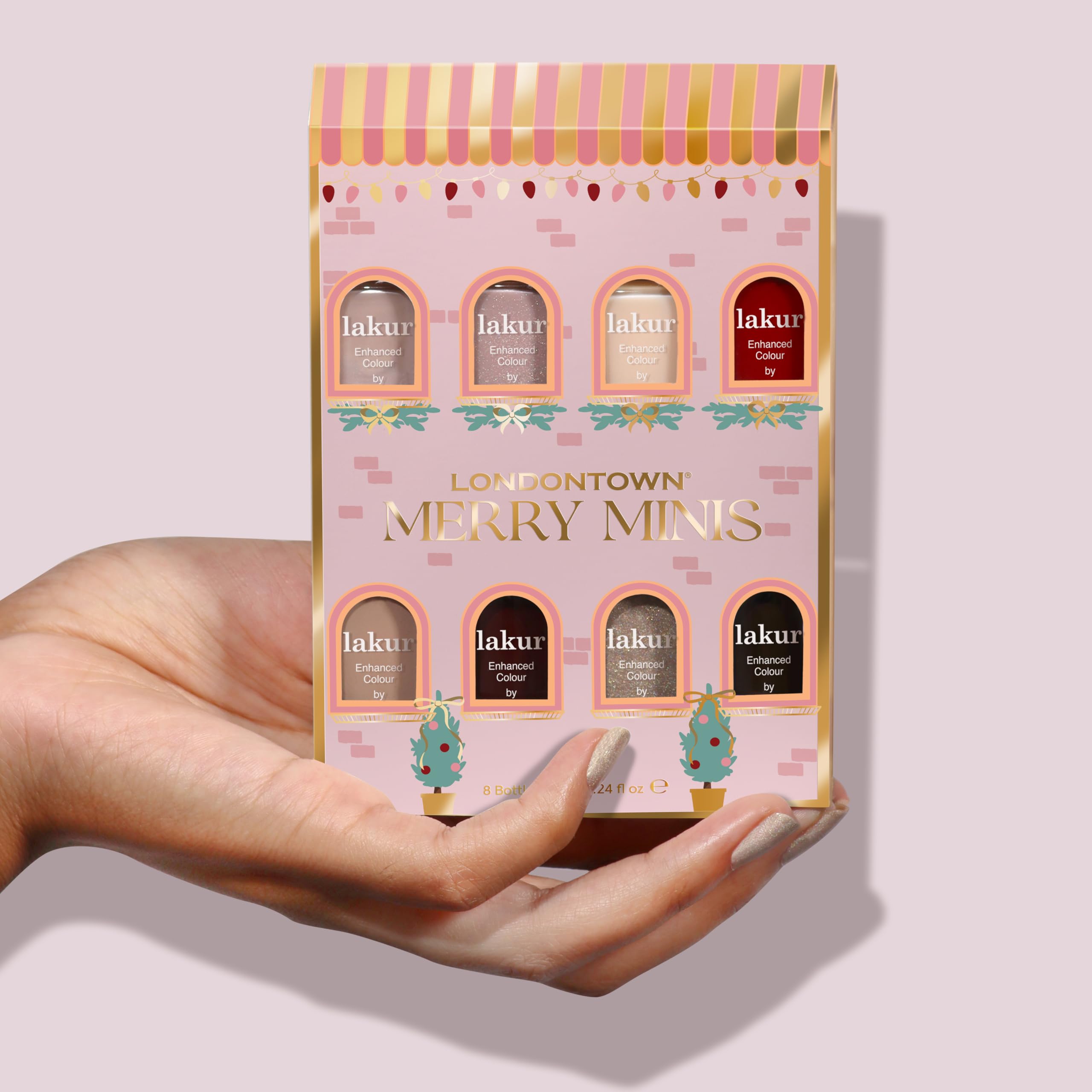 LONDONTOWN Merry Minis Gift Set – 8 Mini Nail Polishes with Gel-Like Shine, Long Wear & kur Care, Vegan Holiday Manicure Kit for Gifting & Travel
