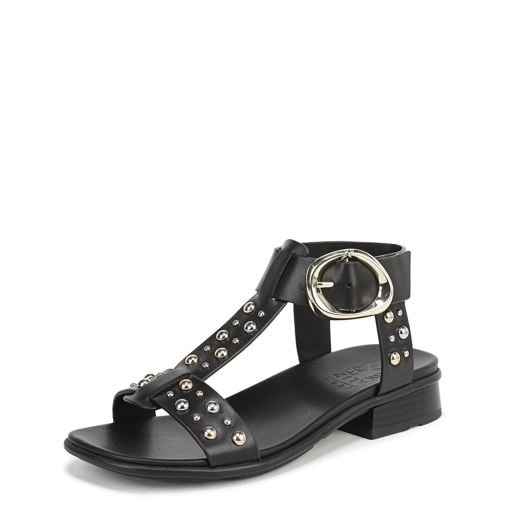Naturalizer Women's Brandy Flat Sandal Black Studded Leather 9 M
