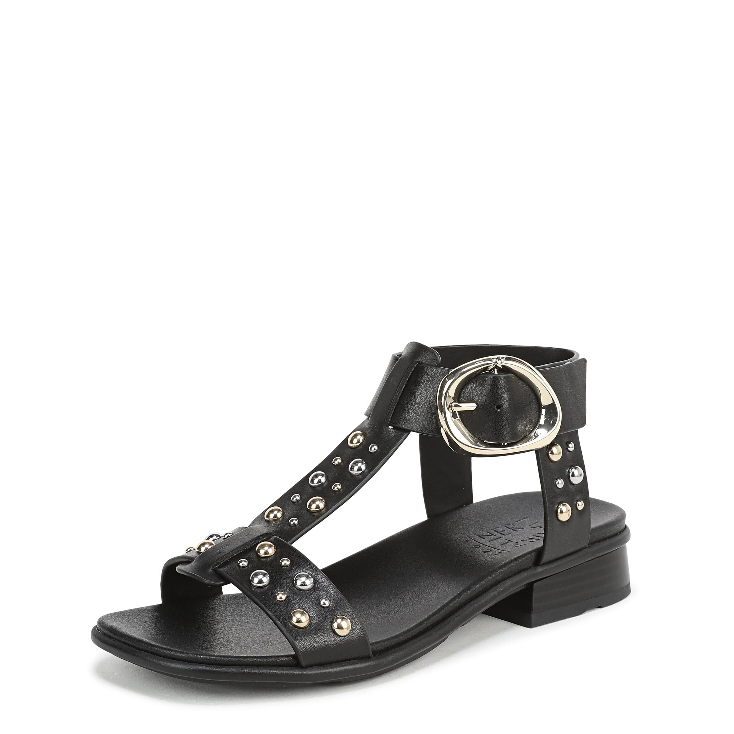 Naturalizer Women's Brandy Flat Sandal Black Studded Leather 9 M
