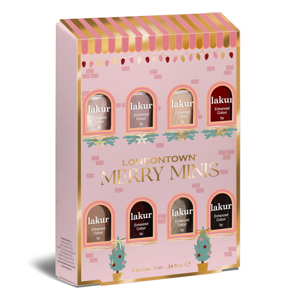 LONDONTOWN Merry Minis Gift Set – 8 Mini Nail Polishes with Gel-Like Shine, Long Wear & kur Care, Vegan Holiday Manicure Kit for Gifting & Travel