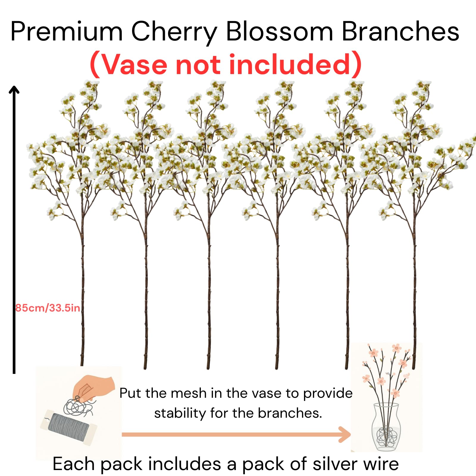 White Cherry Blossom Branches – 6 Pcs 33.5" Long Stem Artificial Flowers for Tall Vase, Premium Faux Silk Spring Decor, Realistic Fake Cherry Blossoms for Home, Wedding & Table Centerpieces