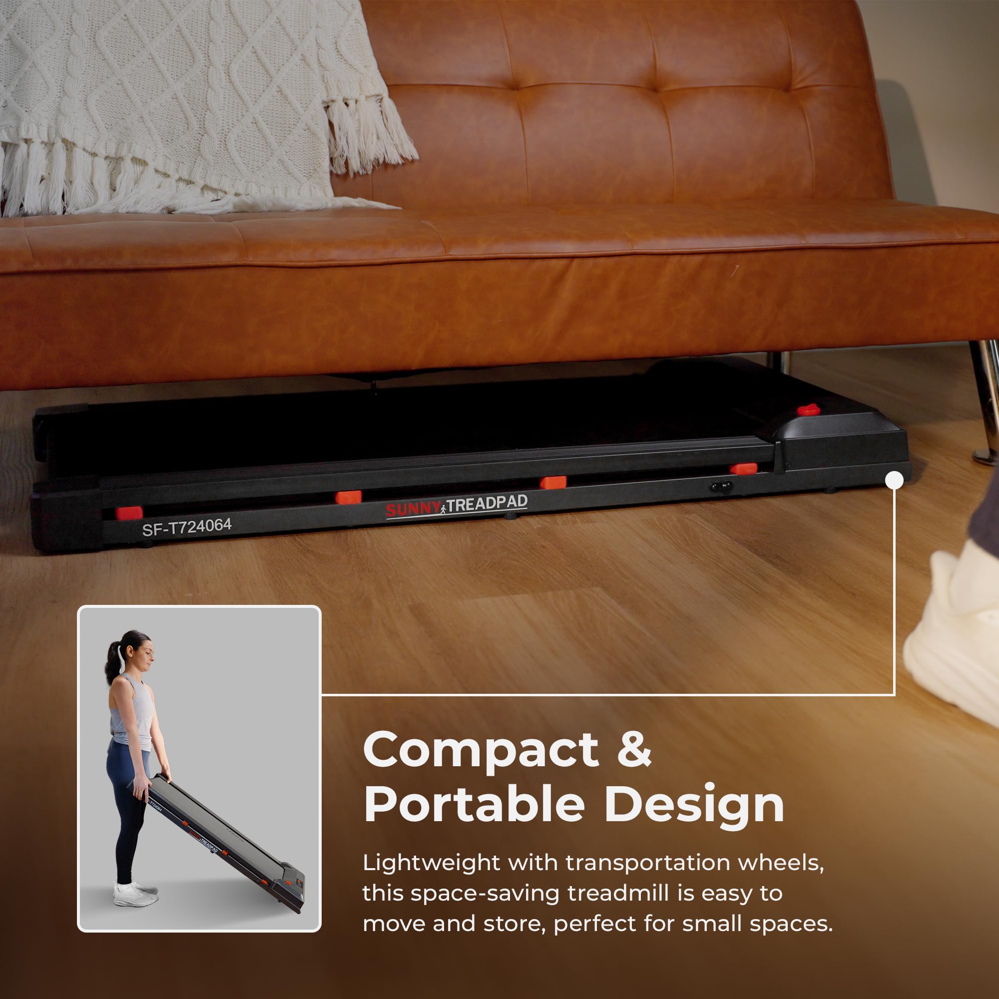 Sunny Health & Fitness Treadpad 100 Smart Walking Treadmill – Compact, Portable, Under Desk, No Assembly, WiFi & Bluetooth SunnyFit App, Remote Control, LED Display, Shock Absorption - SF-T724064