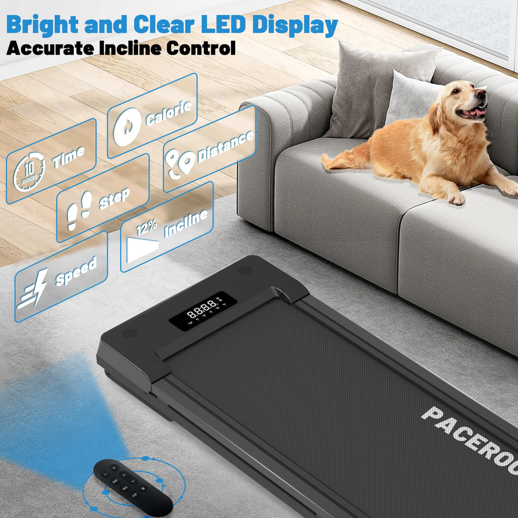 PACEROCKER Walking Pad Treadmill with 12% 9-Level Auto Incline, 450 lbs Capacity Bluetooth Speaker Under Desk Treadmills for Home Hiking, 5 MPH, Black