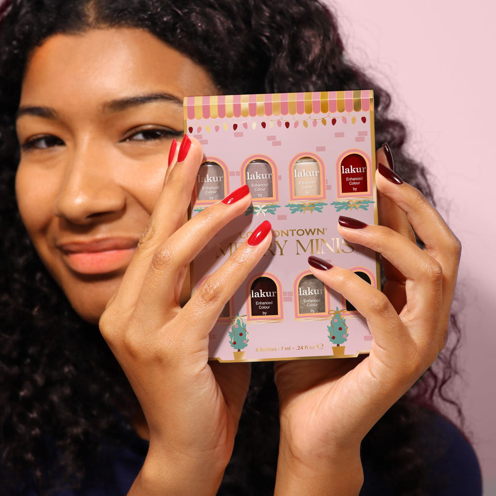 LONDONTOWN Merry Minis Gift Set – 8 Mini Nail Polishes with Gel-Like Shine, Long Wear & kur Care, Vegan Holiday Manicure Kit for Gifting & Travel