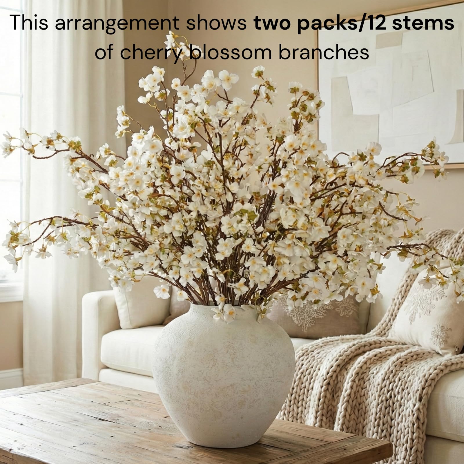 White Cherry Blossom Branches – 6 Pcs 33.5" Long Stem Artificial Flowers for Tall Vase, Premium Faux Silk Spring Decor, Realistic Fake Cherry Blossoms for Home, Wedding & Table Centerpieces